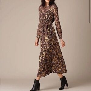 LK Bennett Dress Elowen Midi Long Sleeve in Roca Red Metallic Gold